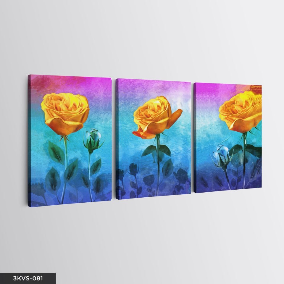 Mavi Yapraklı Sarı Güller 3 Parça Kanvas - Canvas Tablo 45 x 65 CM