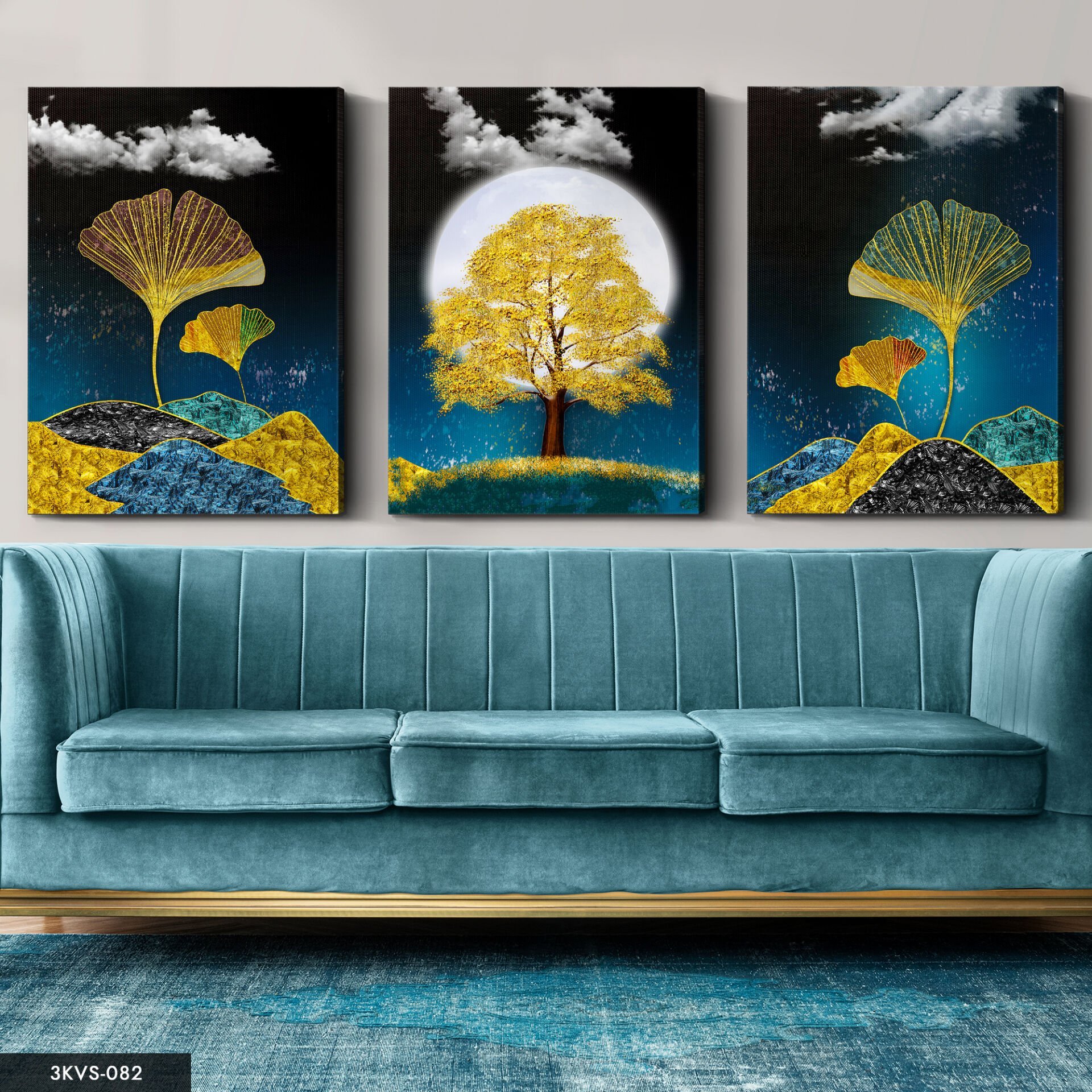 Ay ve Gold Ağaç 3 Parça Kanvas - Canvas Tablo