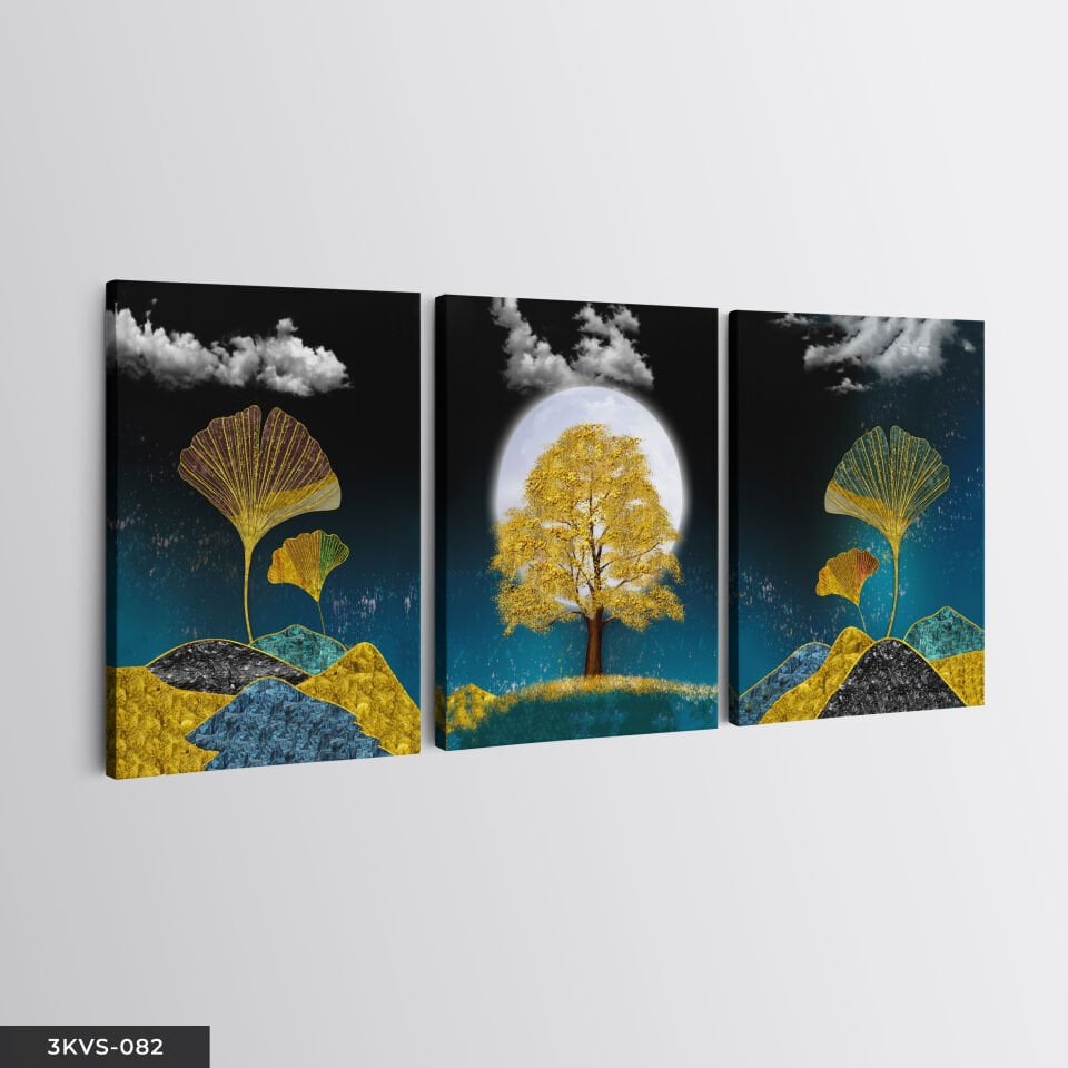 Ay ve Gold Ağaç 3 Parça Kanvas - Canvas Tablo 45 x 65 CM