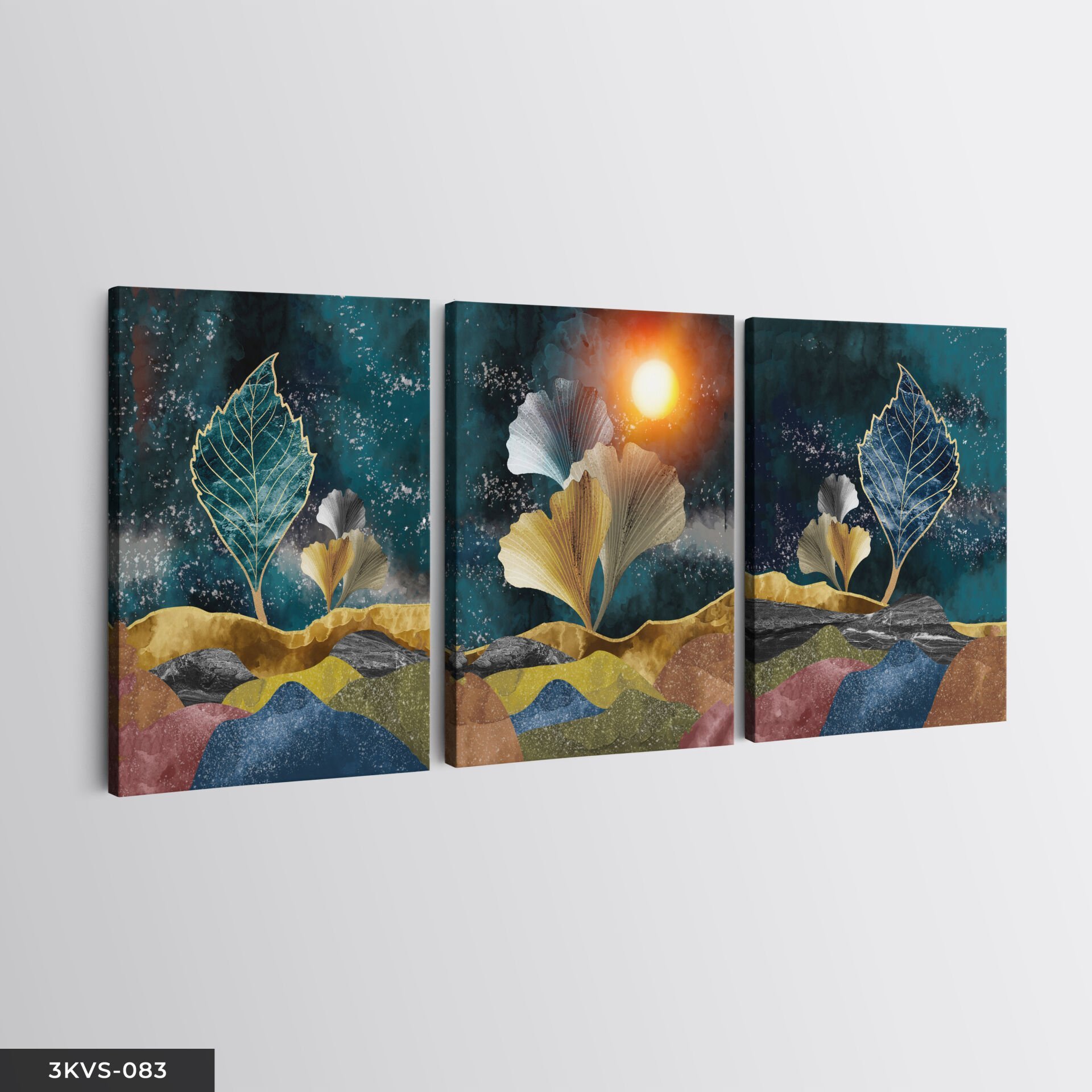 Mavi Gold Yaprak 3 Parça Kanvas - Canvas Tablo 40 x 30 CM