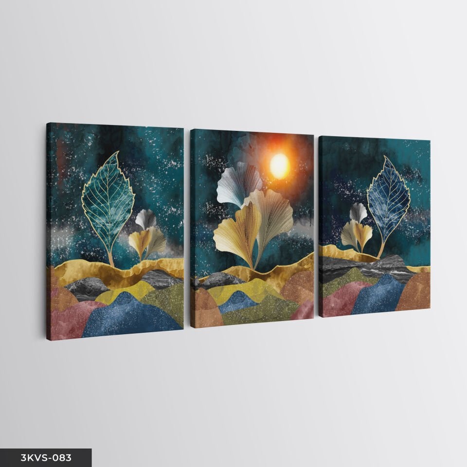 Mavi Gold Yaprak 3 Parça Kanvas - Canvas Tablo 45 x 65 CM