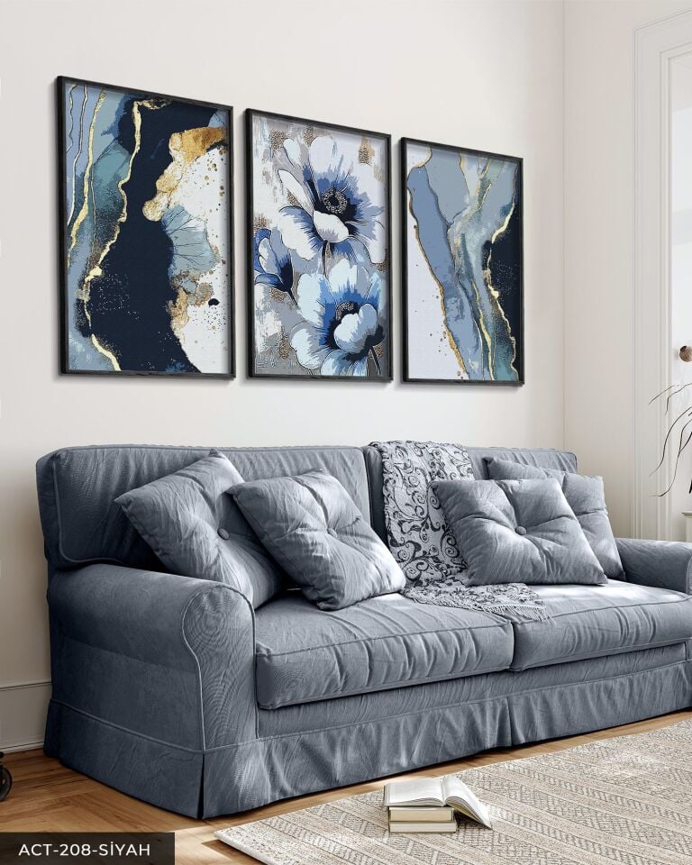 Mavi Çiçek ve Soyut Sanat 3 Parça Ahşap Çerçeveli Tablo ACT