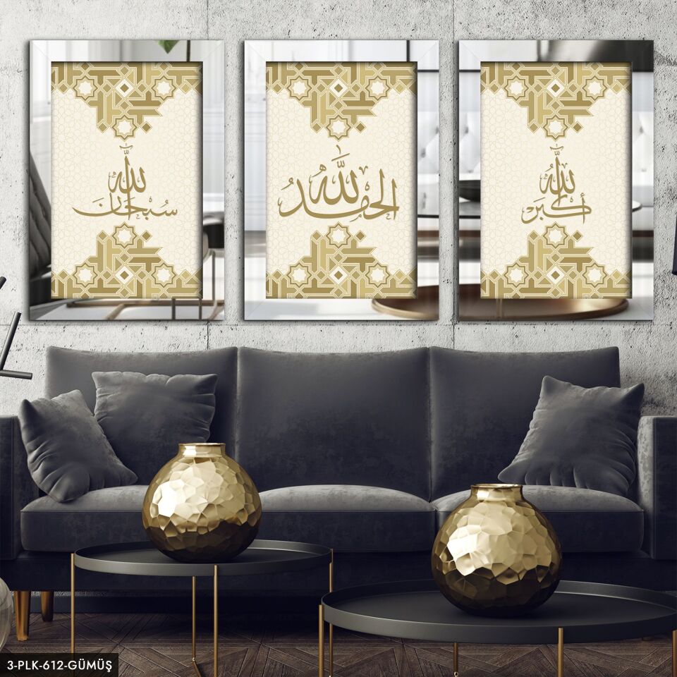 Subhanallah Elhamdülillah Allahu Ekber 3 Parça Pleksi Aynalı Tablo 30 x 40 CM - Gümüş