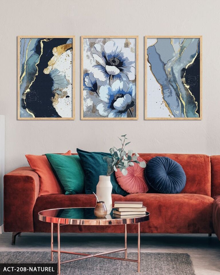 Mavi Çiçek ve Soyut Sanat 3 Parça Ahşap Çerçeveli Tablo ACT Naturel - 20 x 30 CM