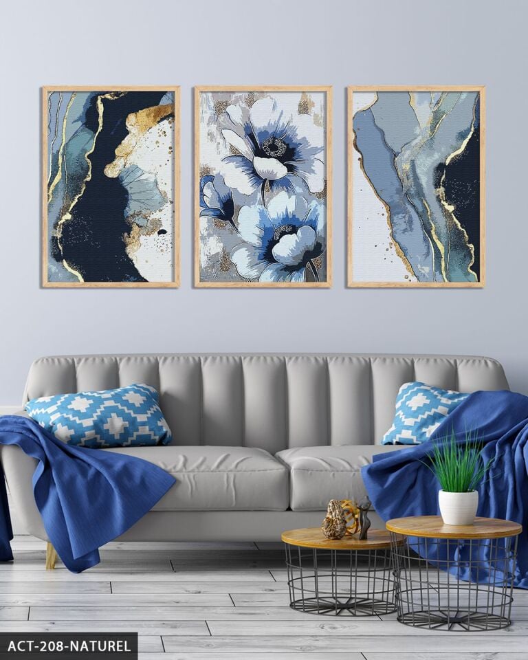 Mavi Çiçek ve Soyut Sanat 3 Parça Ahşap Çerçeveli Tablo ACT Naturel - 20 x 30 CM