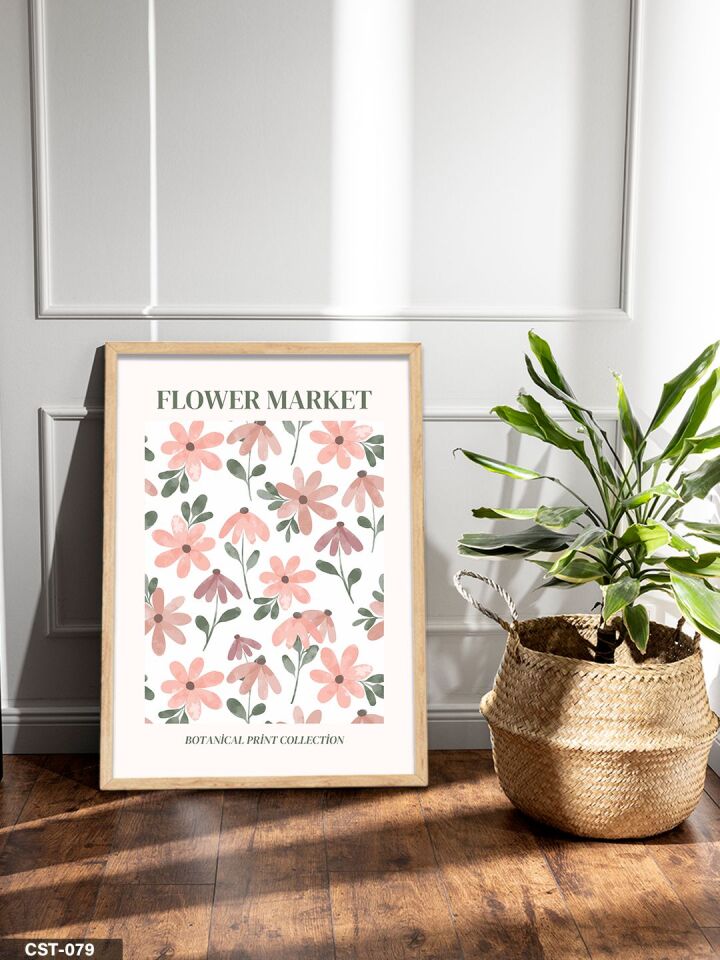 Çiçek Pazarı Flower Market Yazılı Tek Parça Ahşap Çerçeveli Tablo Naturel - 50 x 70 CM