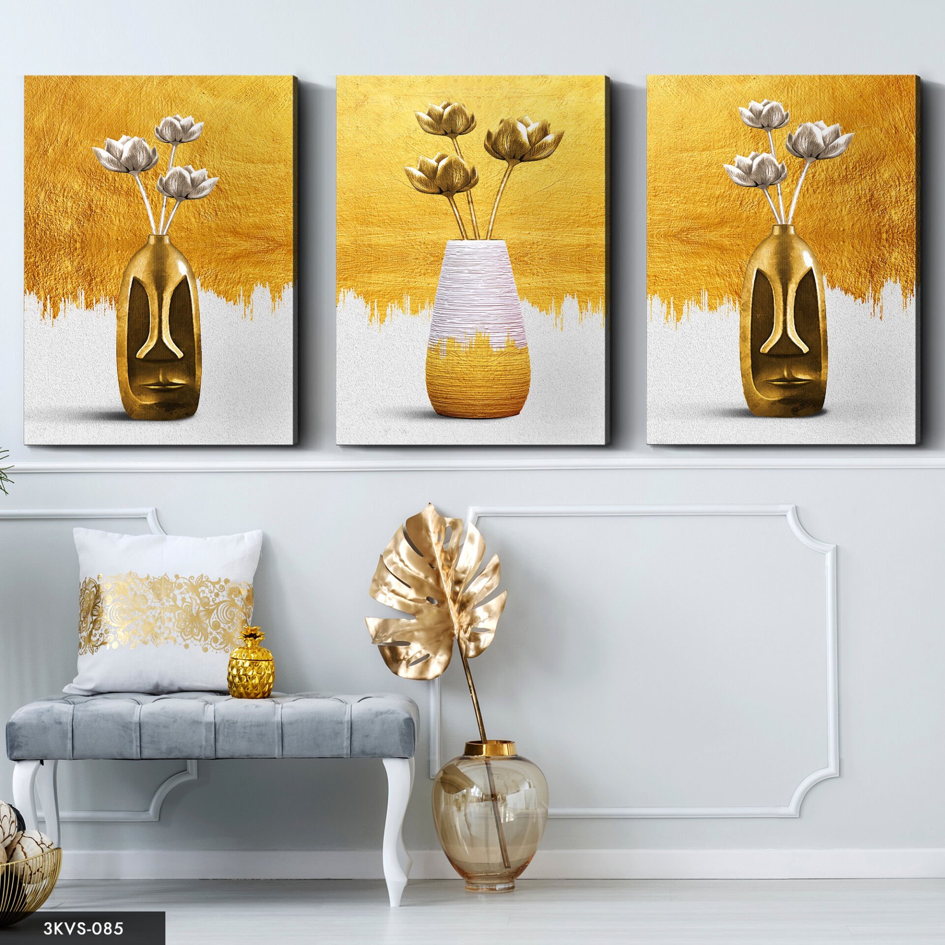 Vazoda Gold Çiçek 3 Parça Kanvas - Canvas Tablo