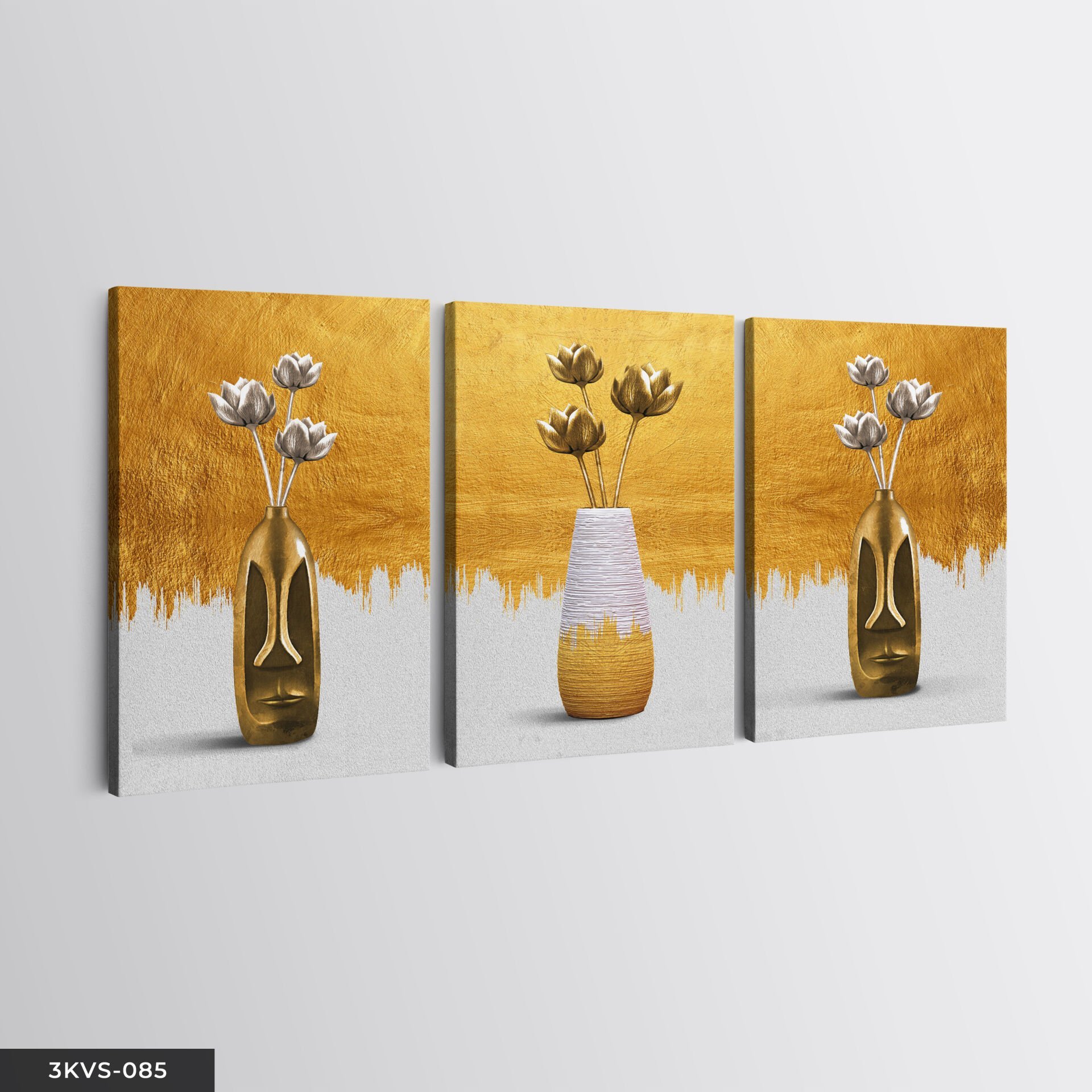 Vazoda Gold Çiçek 3 Parça Kanvas - Canvas Tablo 40 x 30 CM