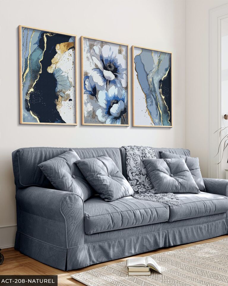 Mavi Çiçek ve Soyut Sanat 3 Parça Ahşap Çerçeveli Tablo ACT Naturel - 30 x 40 CM