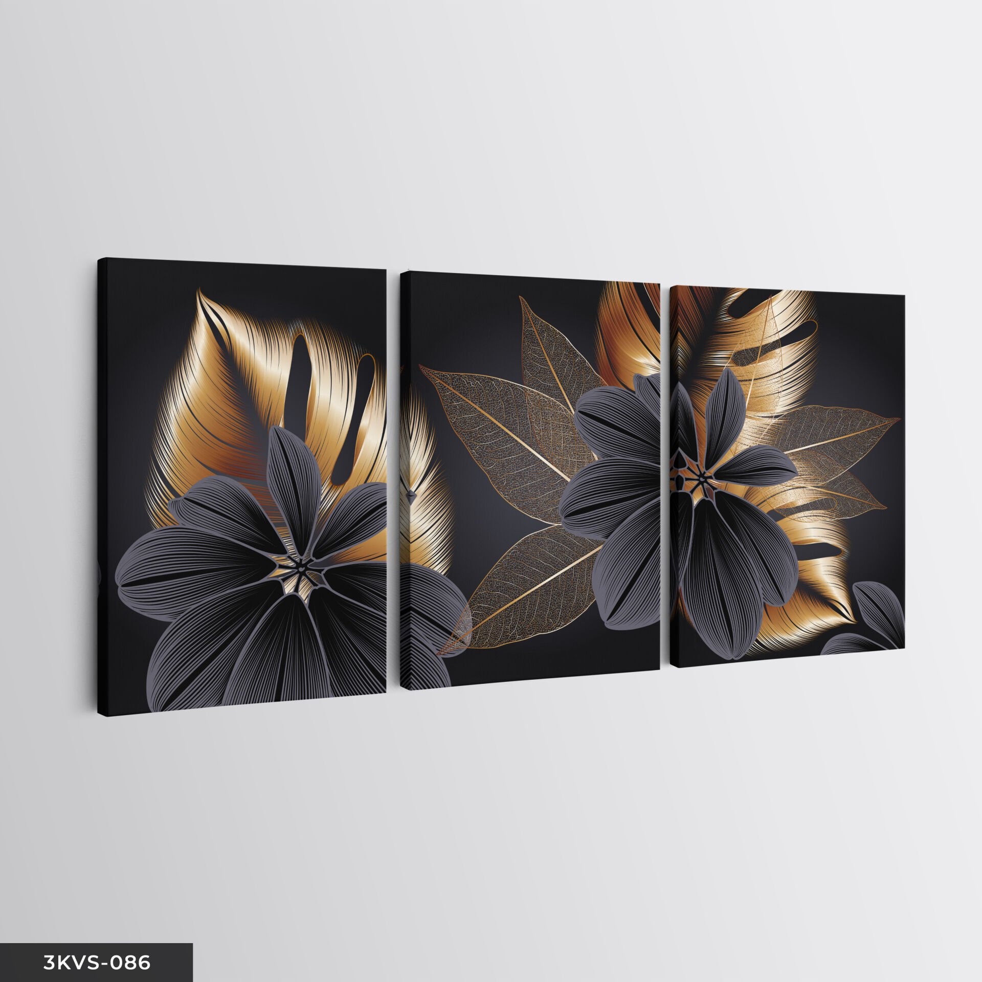 Gold Yaprak ve Gri Çiçek 3 Parça Kanvas - Canvas Tablo 40 x 30 CM