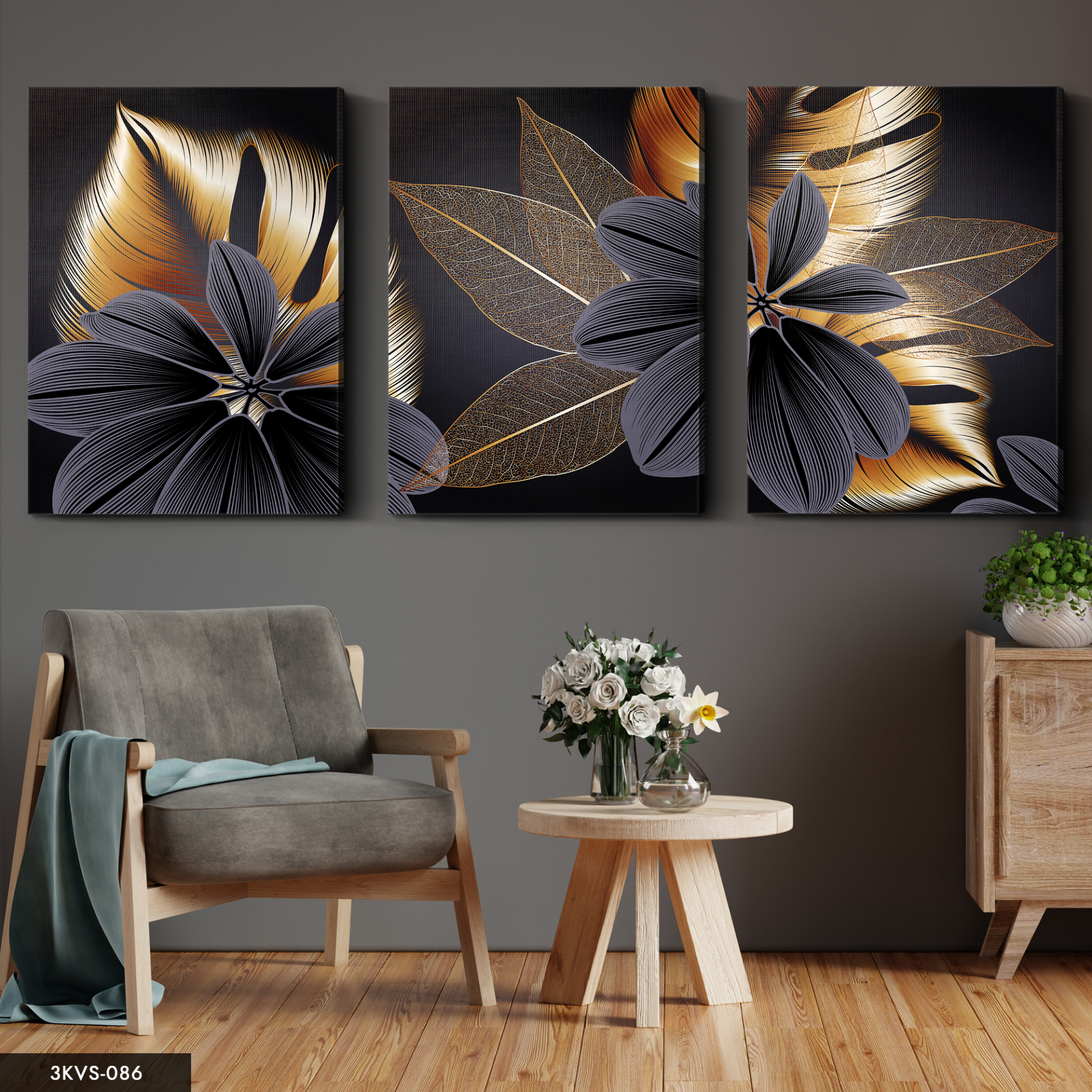 Gold Yaprak ve Gri Çiçek 3 Parça Kanvas - Canvas Tablo