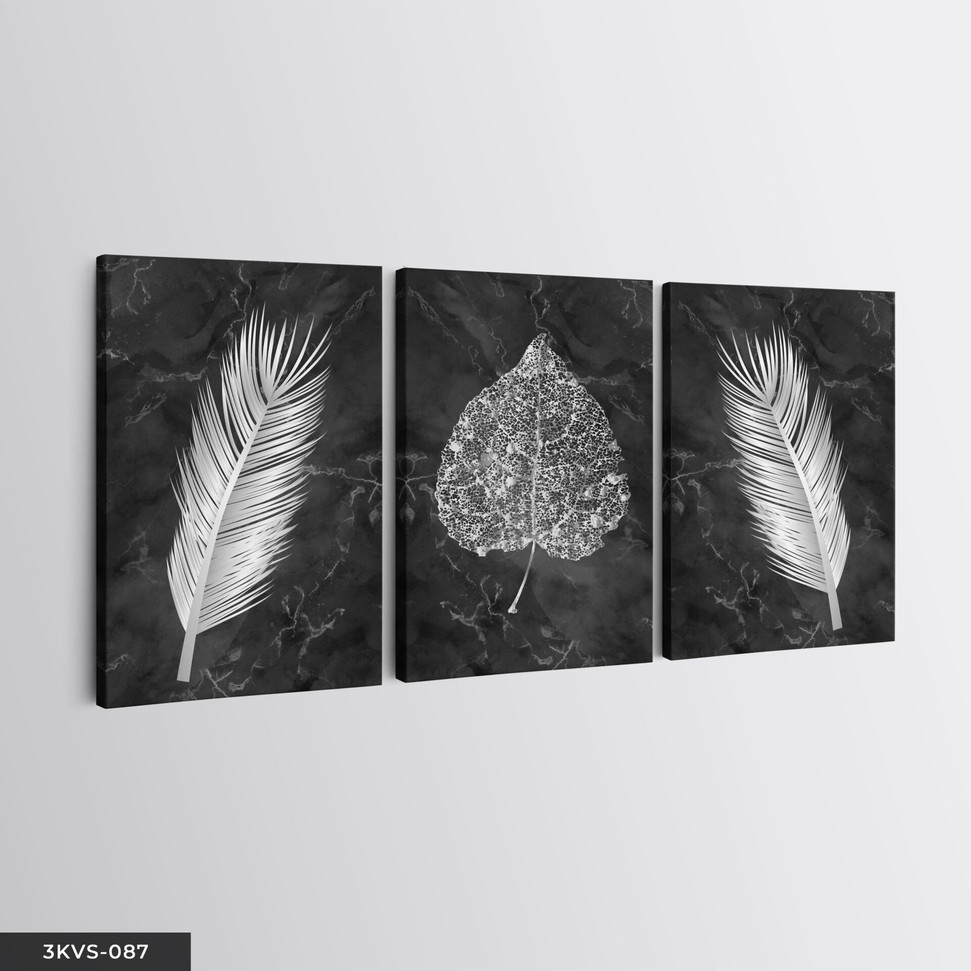 Gümüş Çiçek Yaprak 3 Parça Kanvas - Canvas Tablo 40 x 30 CM