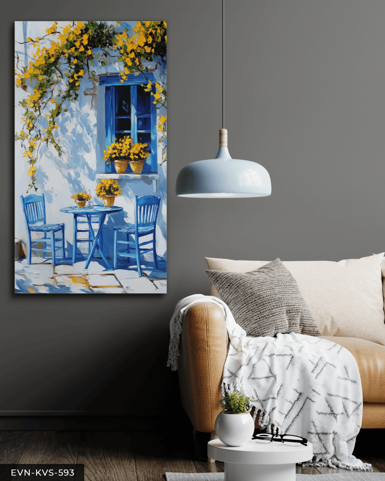 Sarı Çiçekli Mavi Pencere Tek Parça Kanvas - Canvas Tablo