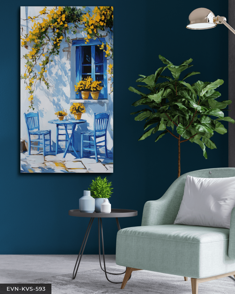 Sarı Çiçekli Mavi Pencere Tek Parça Kanvas - Canvas Tablo