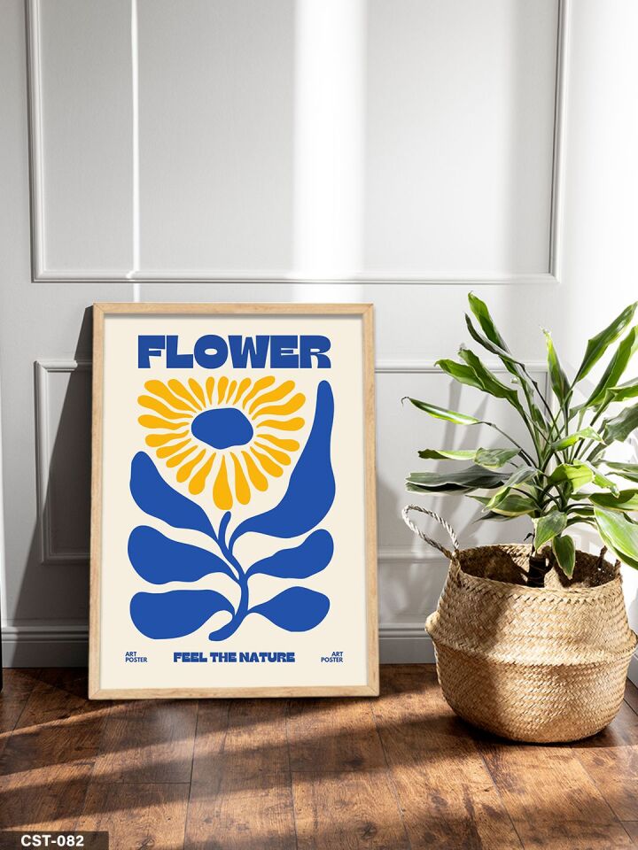 Sarı Çiçekli Flower Yazılı Tek Parça Ahşap Çerçeveli Tablo Naturel - 50 x 70 CM