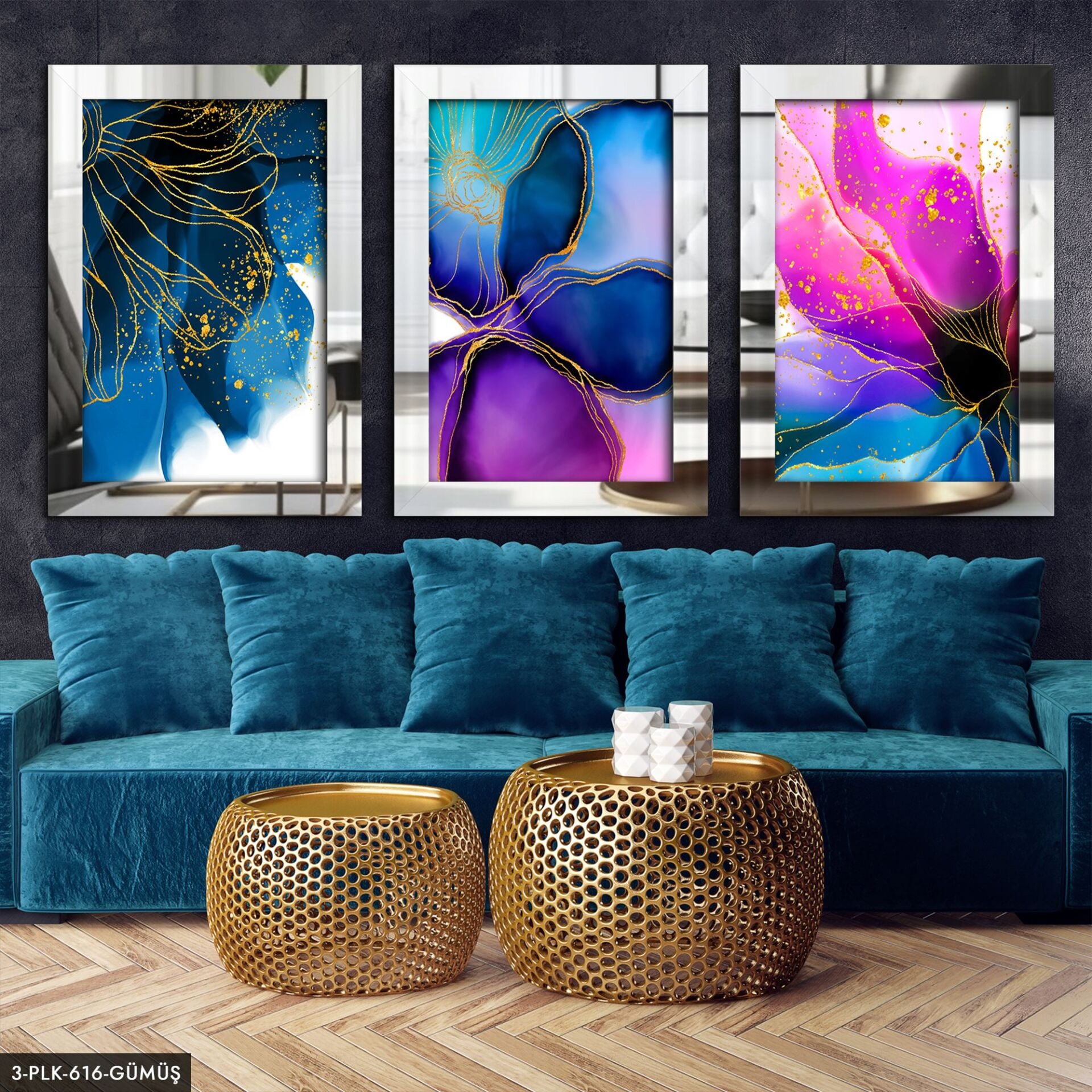 Renkli Çiçekler Gold Parıltılı 3 Parça Pleksi Aynalı Tablo 30 x 40 CM - Gümüş