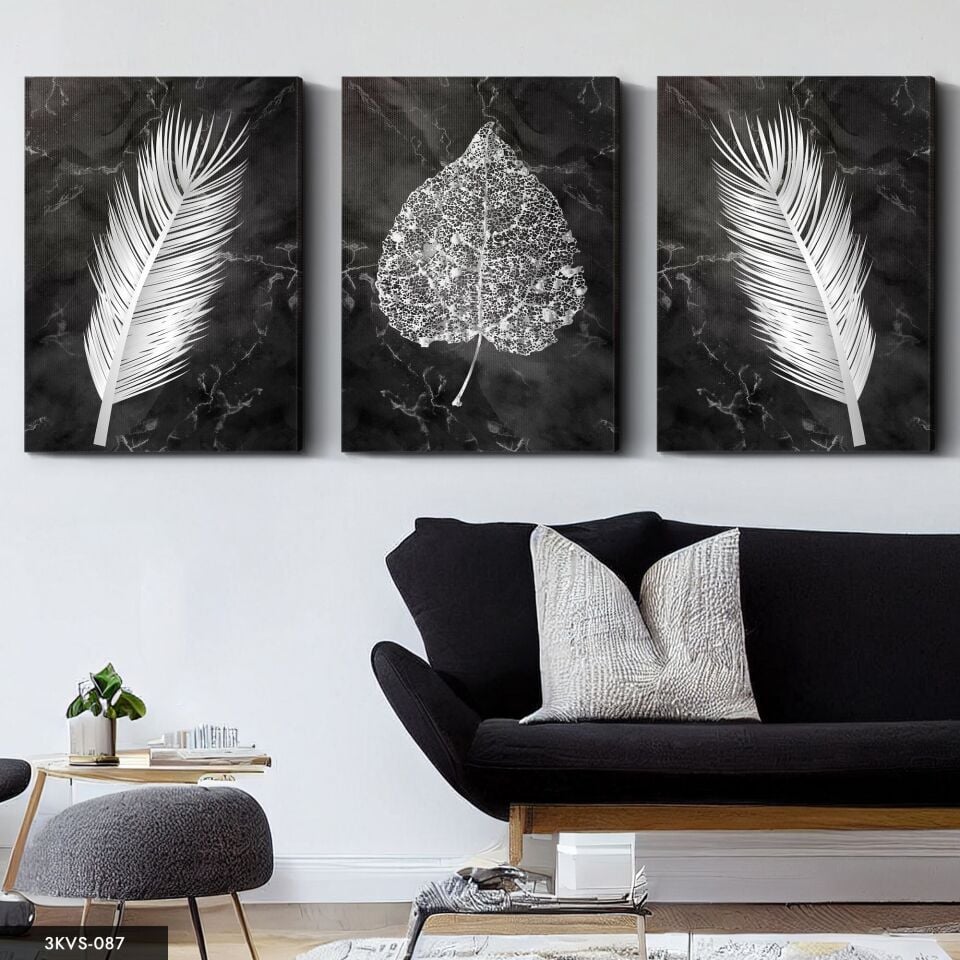 Gümüş Çiçek Yaprak 3 Parça Kanvas - Canvas Tablo 40 x 30 CM
