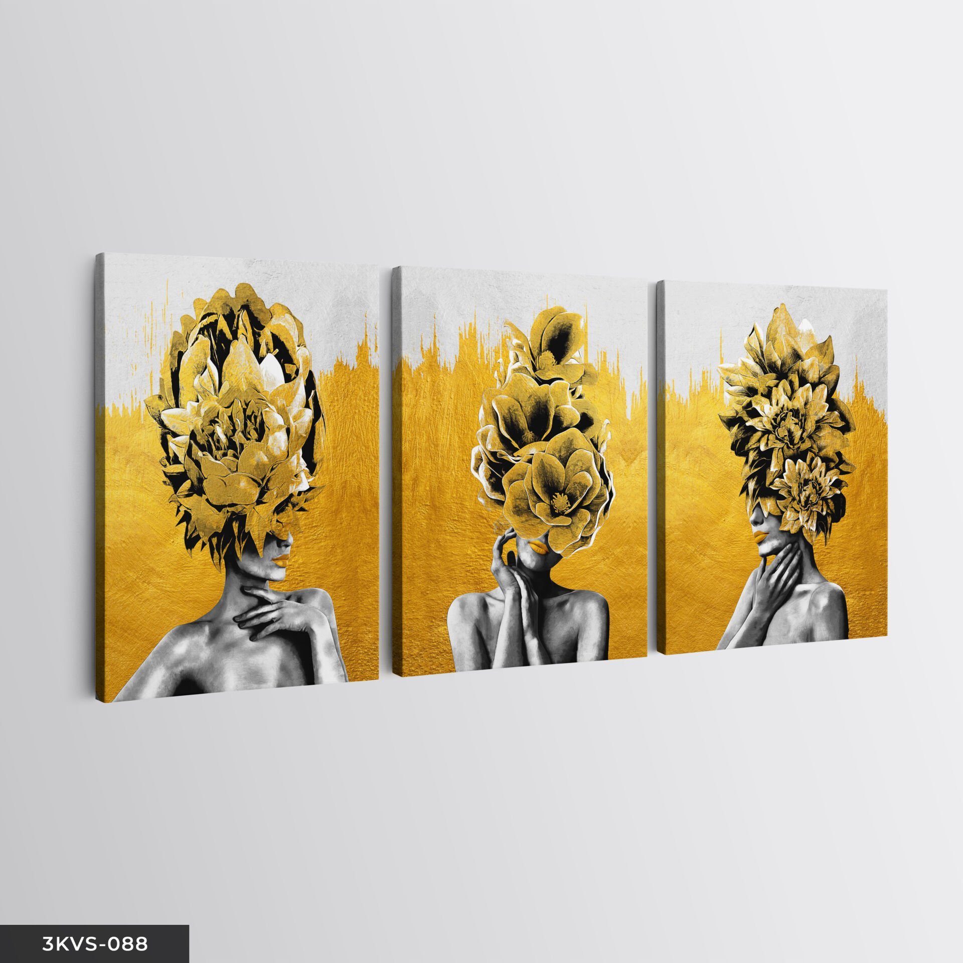 Gold Çiçekler ile Kadın Portresi 3 Parça Kanvas - Canvas Tablo 40 x 30 CM