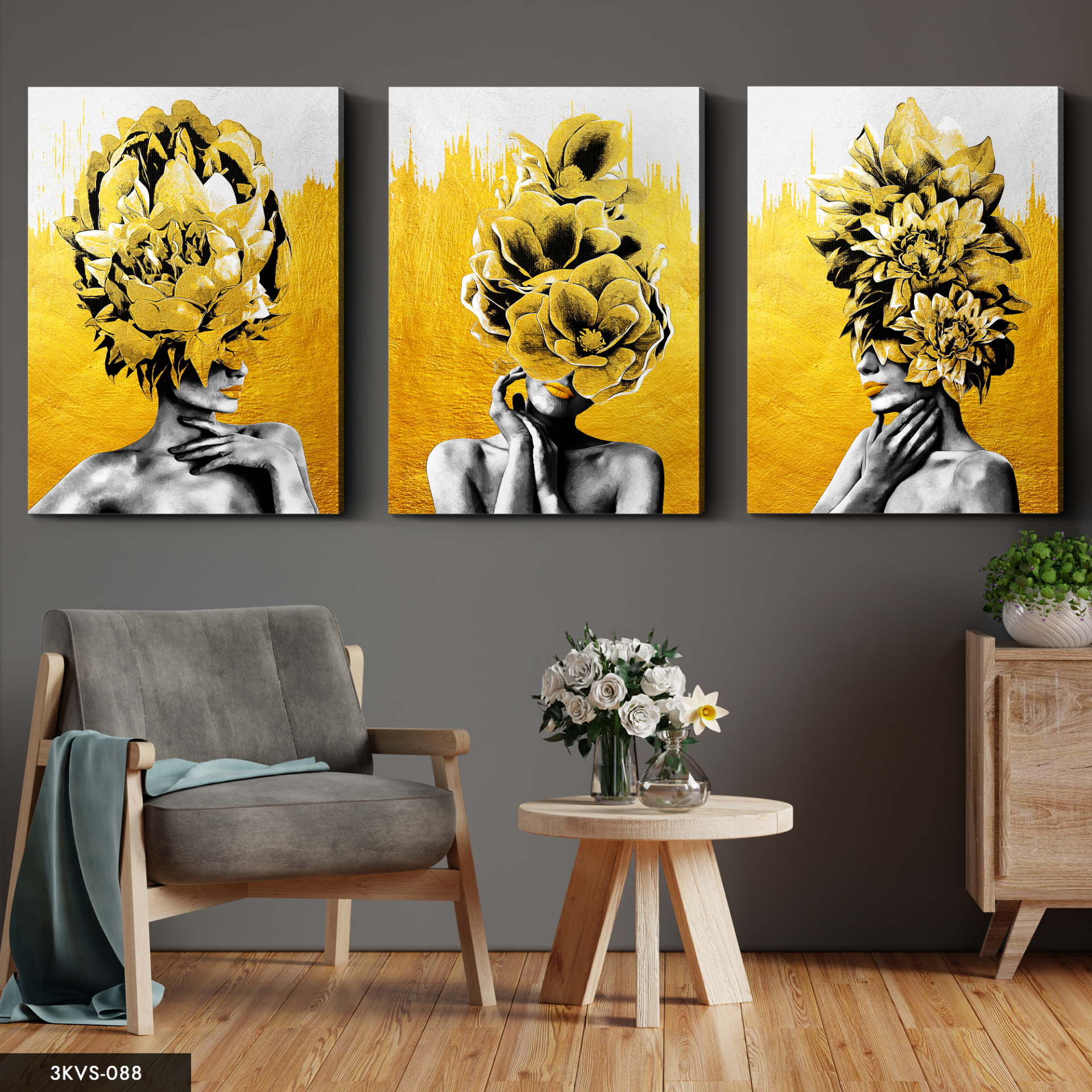 Gold Çiçekler ile Kadın Portresi 3 Parça Kanvas - Canvas Tablo