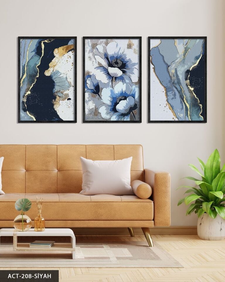 Mavi Çiçek ve Soyut Sanat 3 Parça Ahşap Çerçeveli Tablo ACT Siyah - 20 x 30 CM