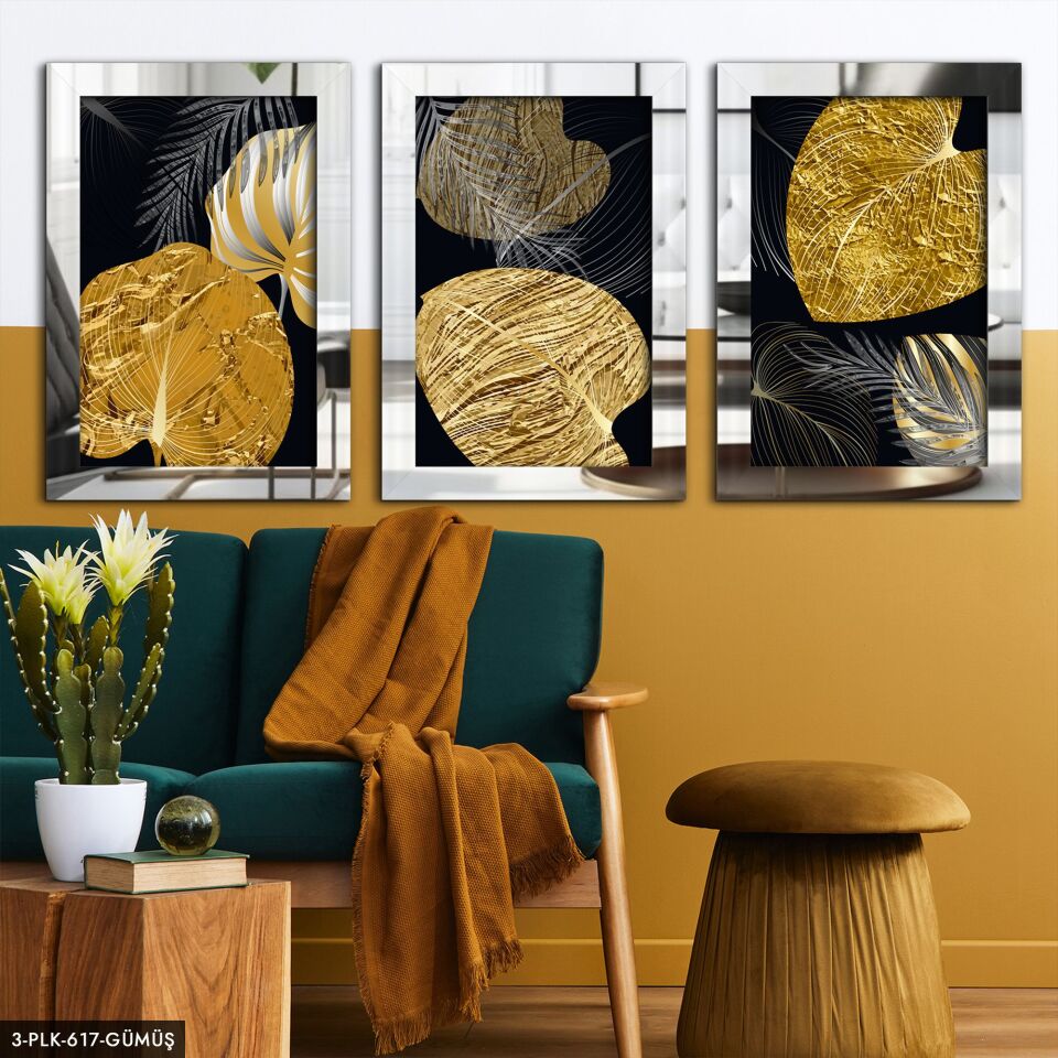 Gold Yapraklar 3 Parça Pleksi Aynalı Tablo 30 x 40 CM - Gümüş
