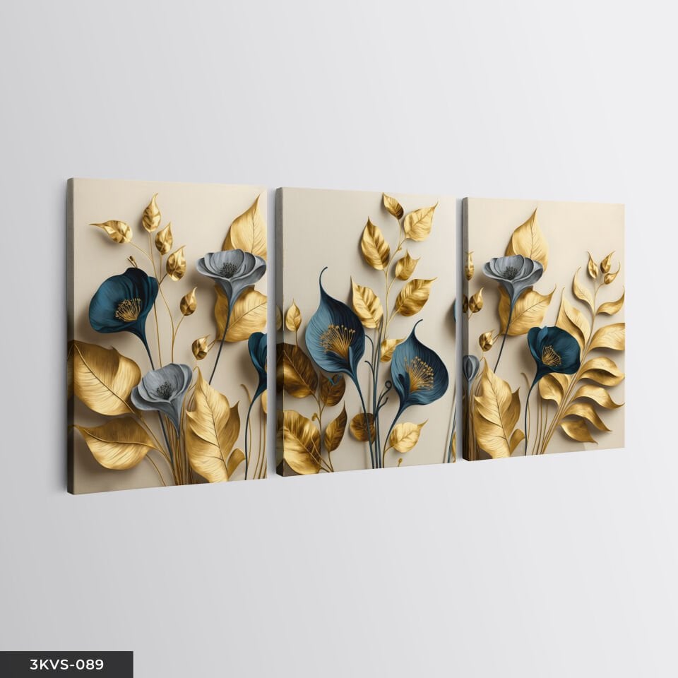 Zarif Altın ve Mavi Çiçekler ile Dallar 3 Parça Kanvas - Canvas Tablo 45 x 65 CM