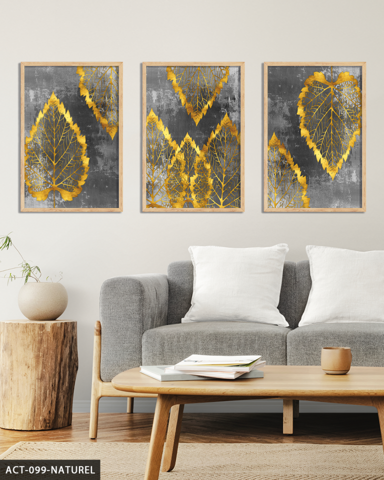 Gold Detaylı Yaprak 3 Parça Ahşap Çerçeveli Tablo ACT Naturel - 50 x 70 CM