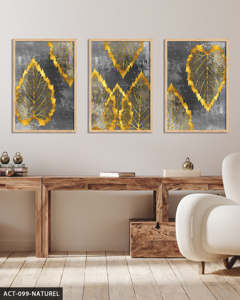 Gold Detaylı Yaprak 3 Parça Ahşap Çerçeveli Tablo ACT Naturel - 50 x 70 CM