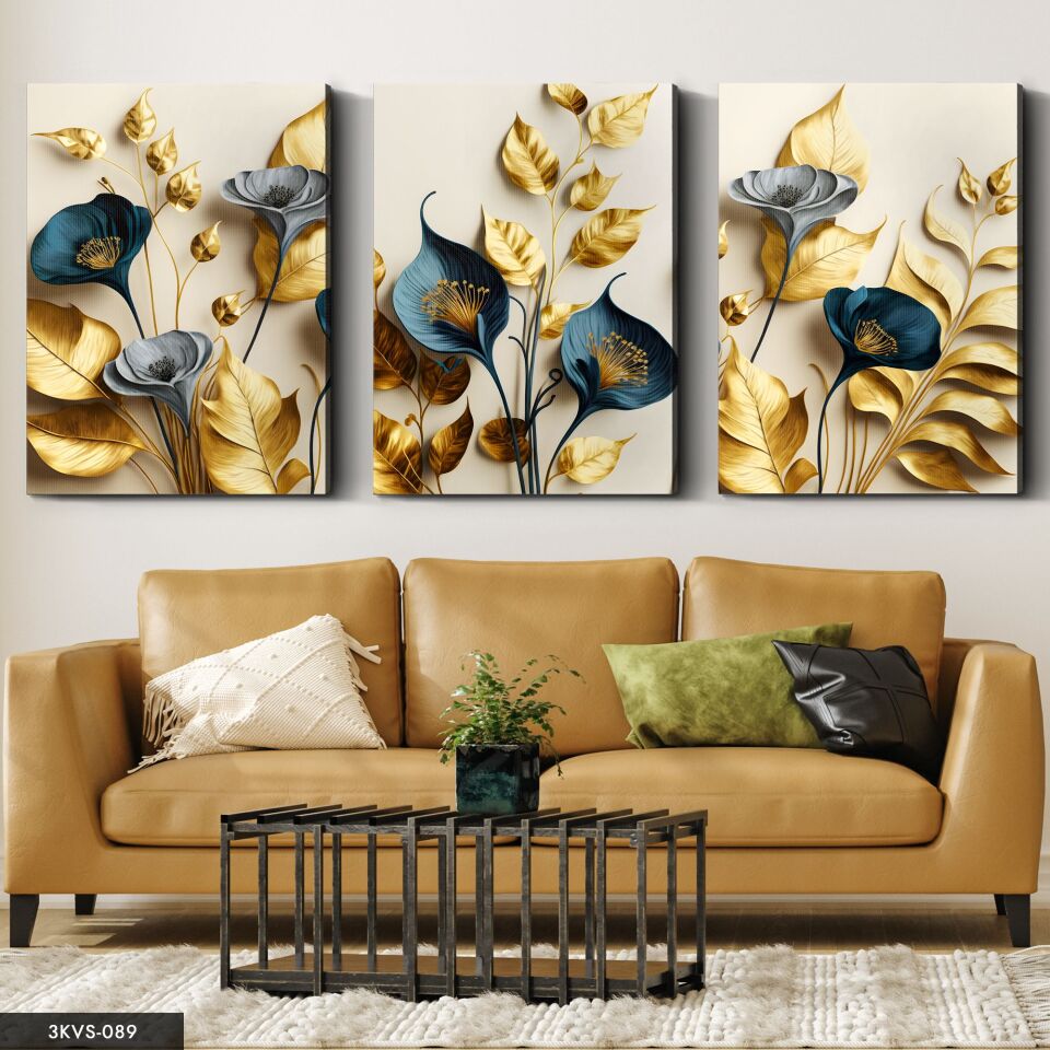 Zarif Altın ve Mavi Çiçekler ile Dallar 3 Parça Kanvas - Canvas Tablo 40 x 30 CM
