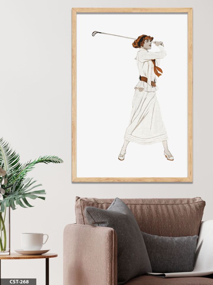 Golfçü Kadın Tek Parça Ahşap Çerçeveli Tablo Naturel - 30 x 40 CM