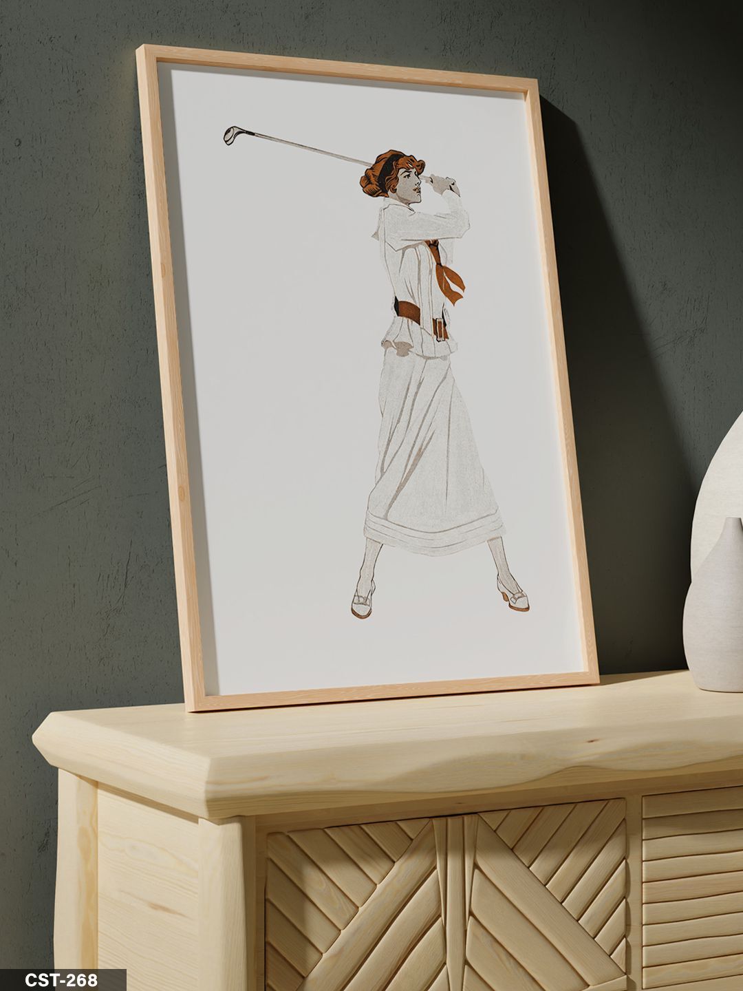 Golfçü Kadın Tek Parça Ahşap Çerçeveli Tablo Naturel - 30 x 40 CM
