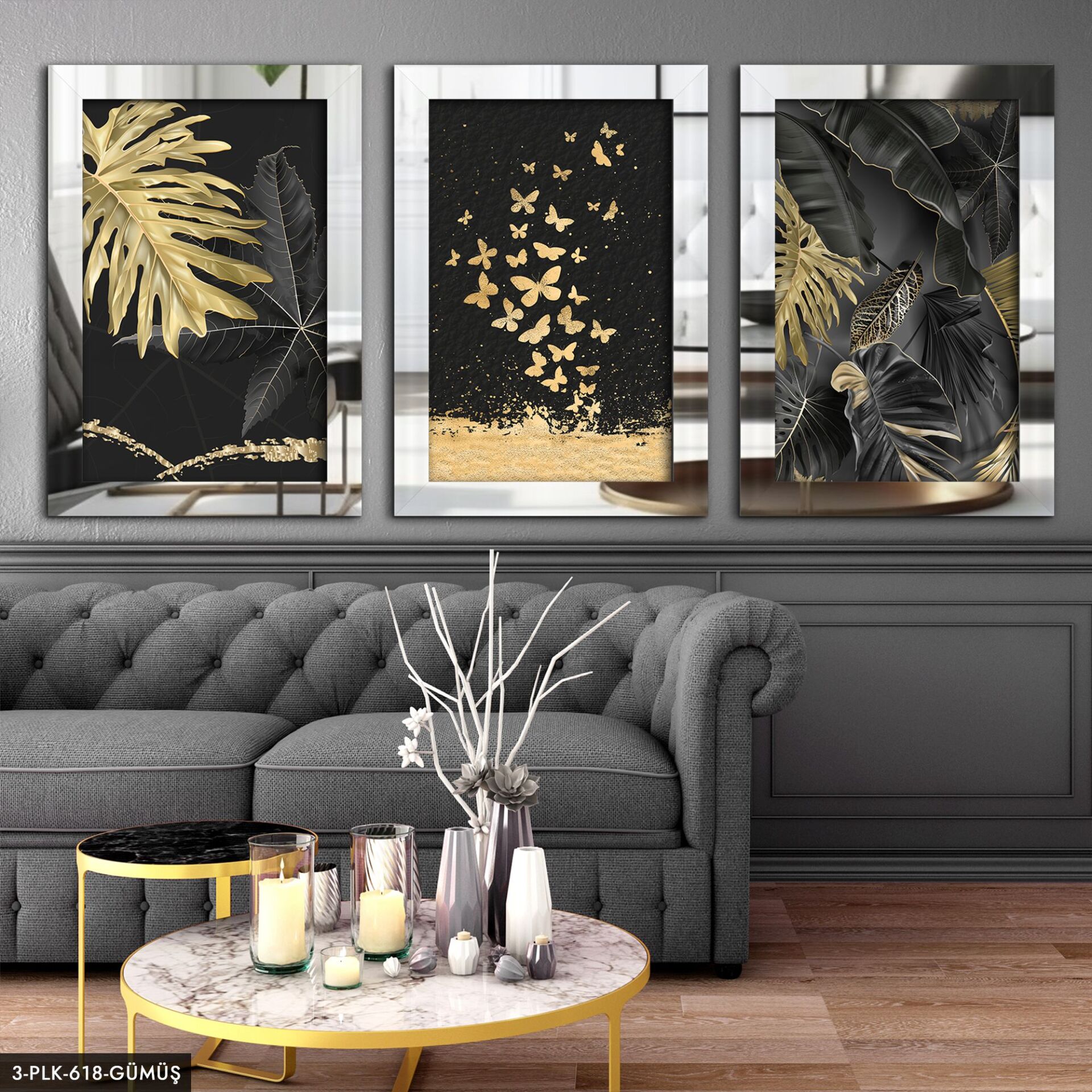 Gold Yapraklar Kelebekler 3 Parça Pleksi Aynalı Tablo 30 x 40 CM - Gümüş