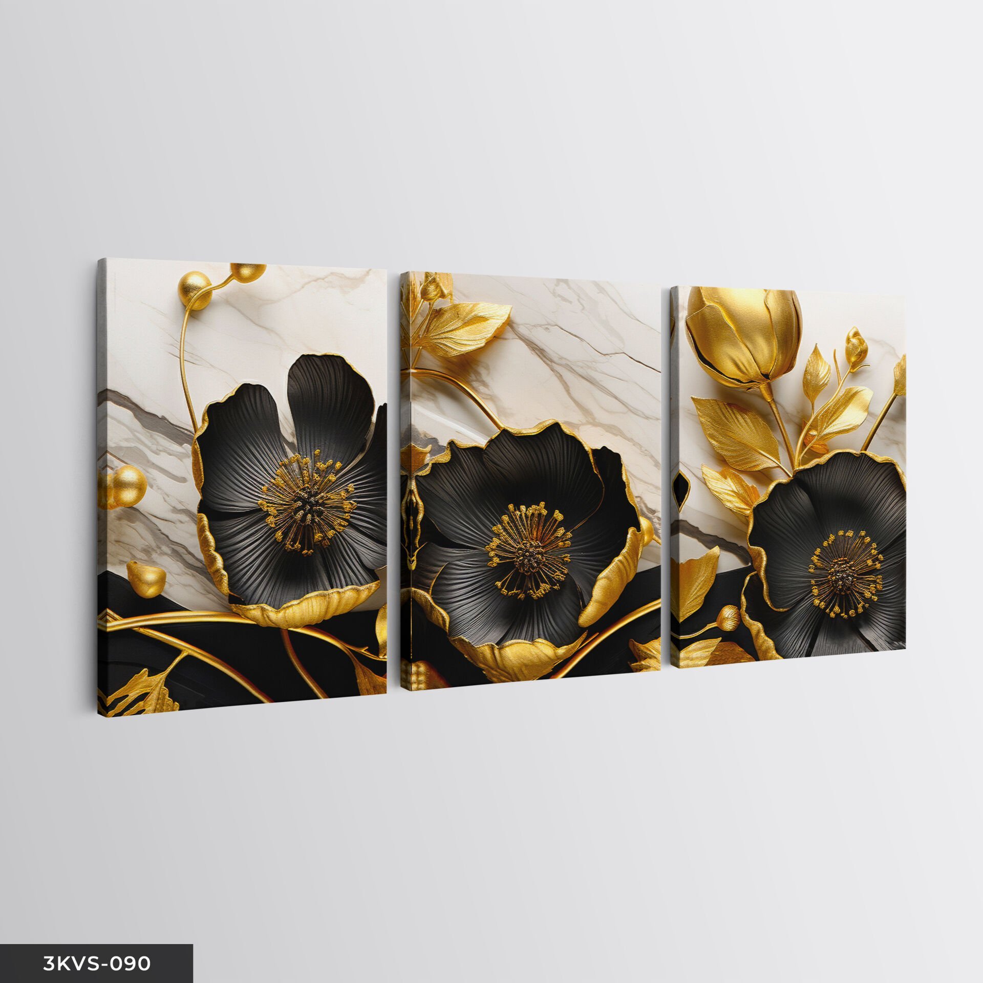 Gold Yapraklı Siyah Çiçek 3 Parça Kanvas - Canvas Tablo 40 x 30 CM