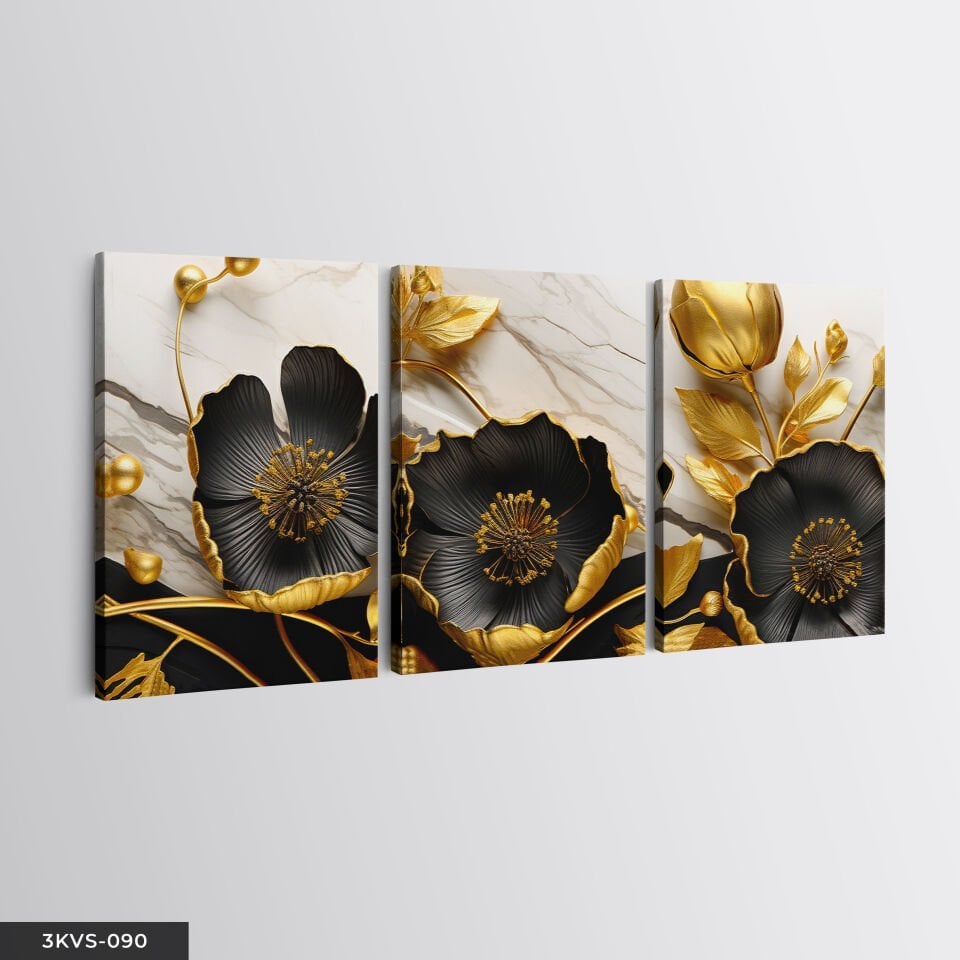 Gold Yapraklı Siyah Çiçek 3 Parça Kanvas - Canvas Tablo 45 x 65 CM