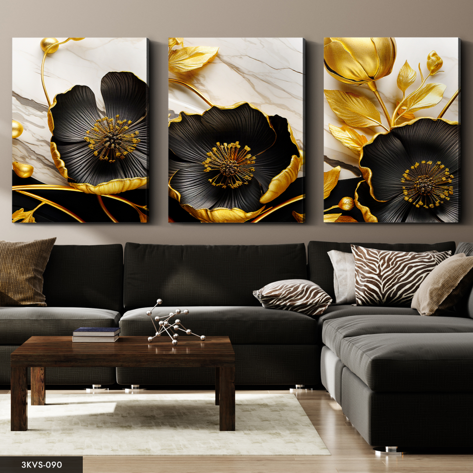 Gold Yapraklı Siyah Çiçek 3 Parça Kanvas - Canvas Tablo 45 x 65 CM