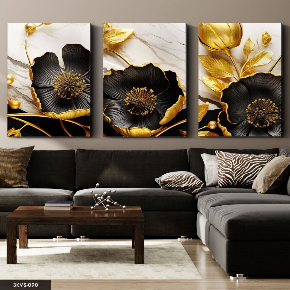 Gold Yapraklı Siyah Çiçek 3 Parça Kanvas - Canvas Tablo 40 x 30 CM