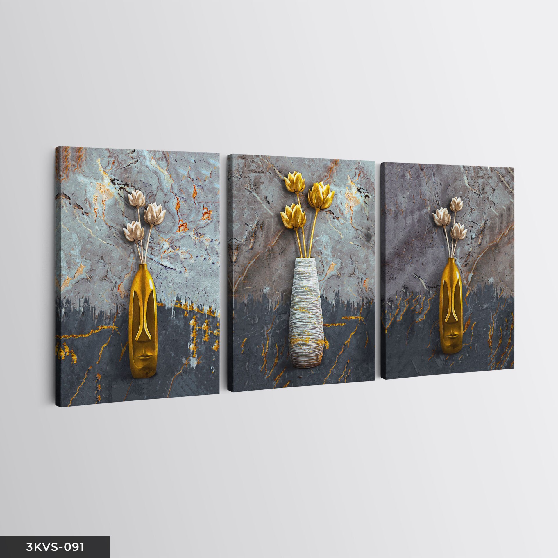 Vazoda Çiçek 3 Parça Kanvas - Canvas Tablo 40 x 30 CM