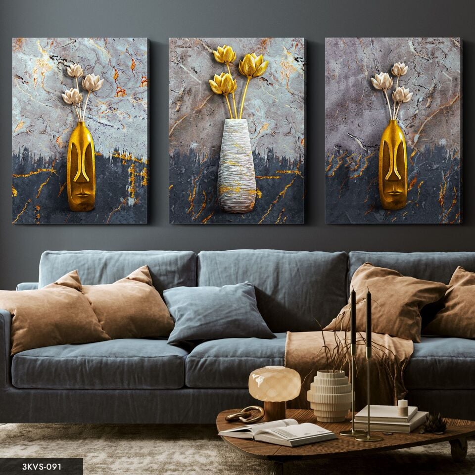 Vazoda Çiçek 3 Parça Kanvas - Canvas Tablo 45 x 65 CM