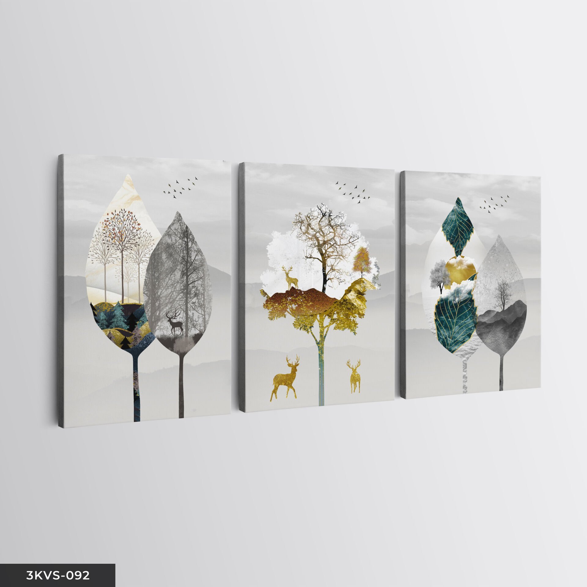 Gold Geyik Detaylı Yaprak 3 Parça Kanvas - Canvas Tablo 40 x 30 CM