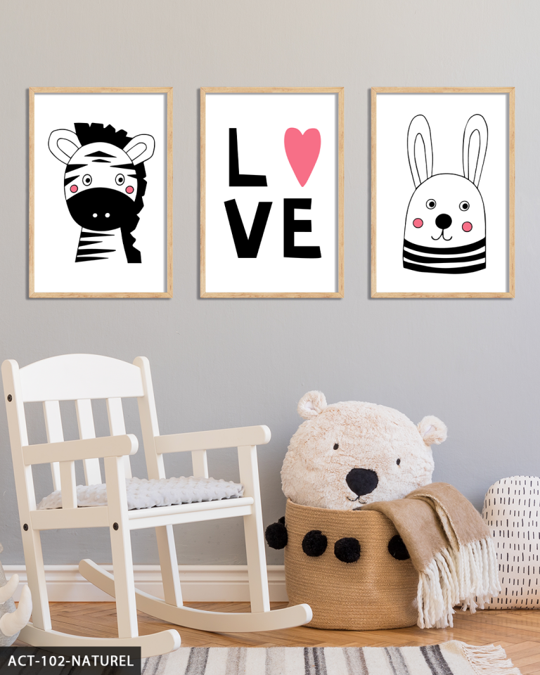 Hayvan Temalı Çocuk Odası 3 Parça Ahşap Çerçeveli Tablo ACT Naturel - 50 x 70 CM