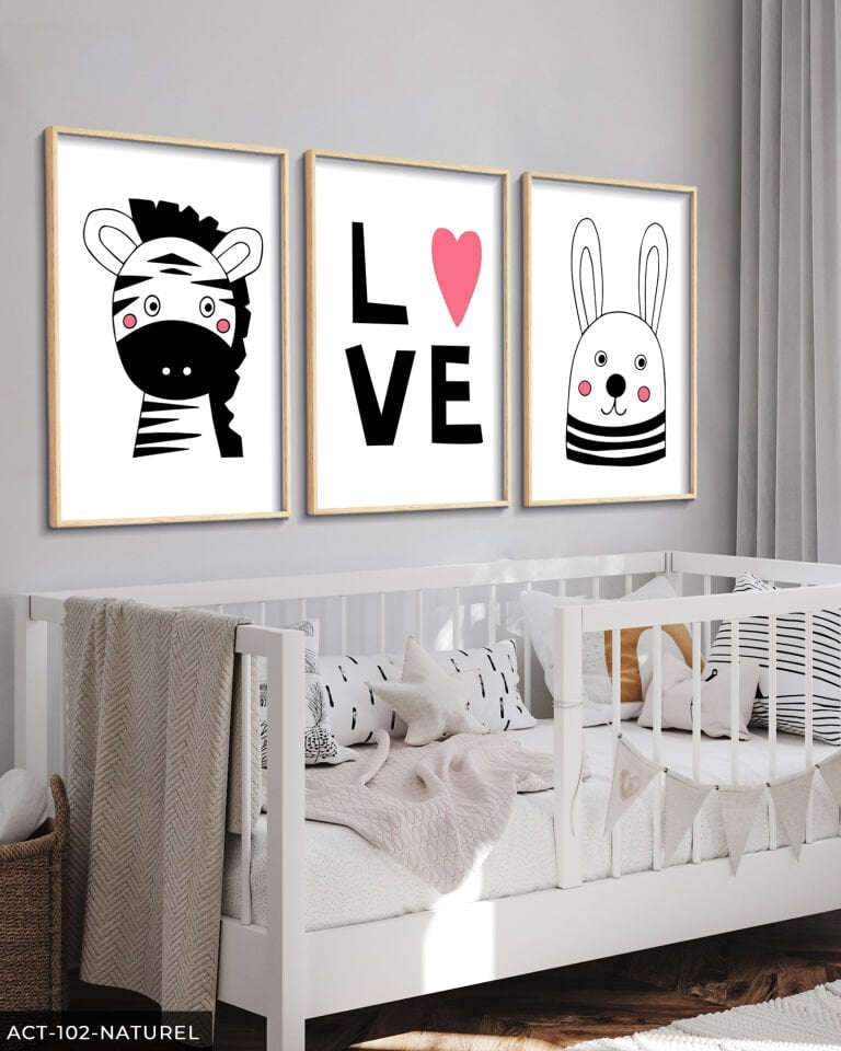 Hayvan Temalı Çocuk Odası 3 Parça Ahşap Çerçeveli Tablo ACT Naturel - 50 x 70 CM