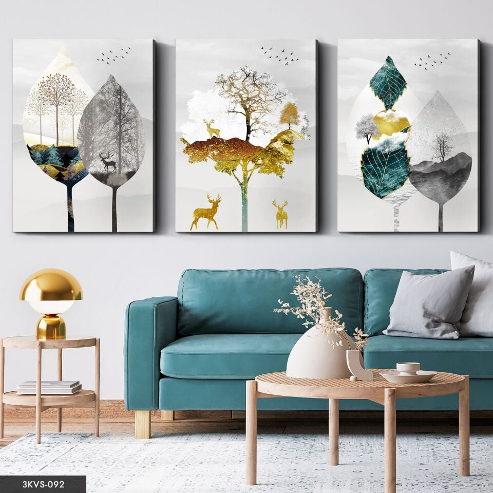 Gold Geyik Detaylı Yaprak 3 Parça Kanvas - Canvas Tablo 40 x 30 CM