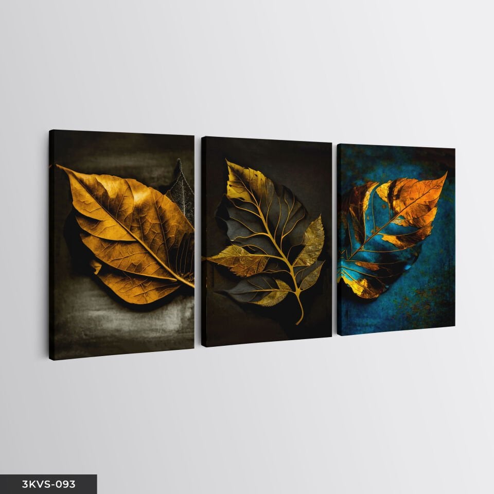 Gold Mavi Yaprak 3 Parça Kanvas - Canvas Tablo 45 x 65 CM