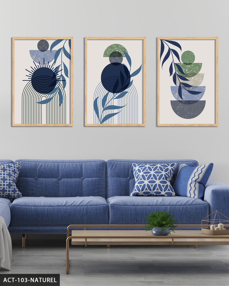 Minimalist Boho Tarzı Yaprak 3 Parça Ahşap Çerçeveli Tablo ACT Naturel - 50 x 70 CM