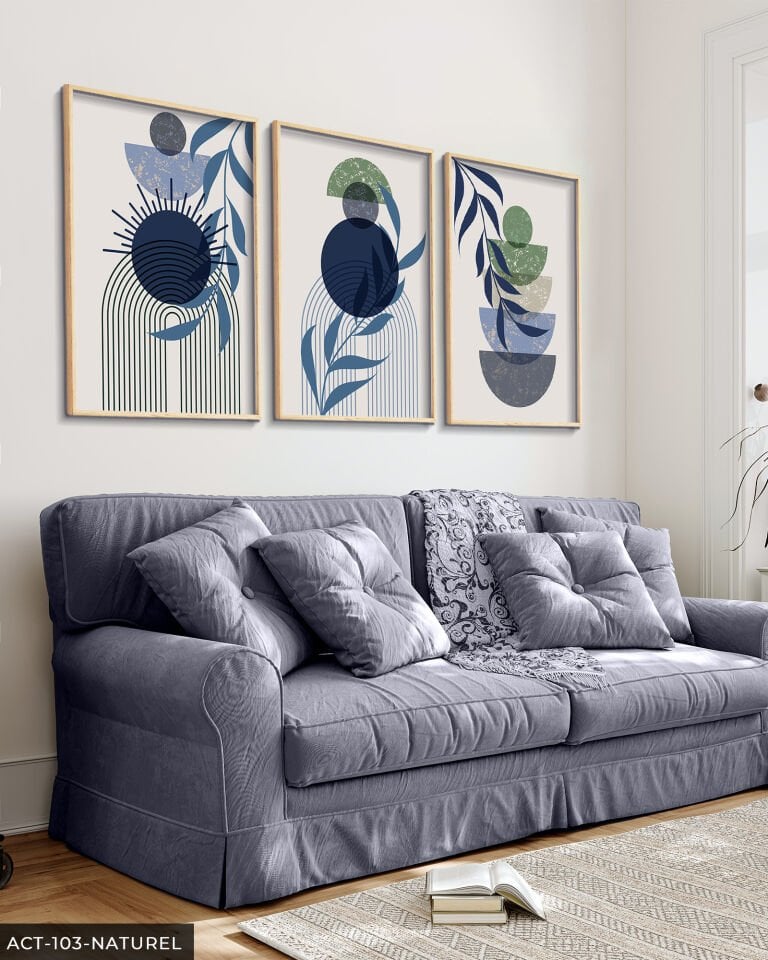 Minimalist Boho Tarzı Yaprak 3 Parça Ahşap Çerçeveli Tablo ACT Naturel - 50 x 70 CM