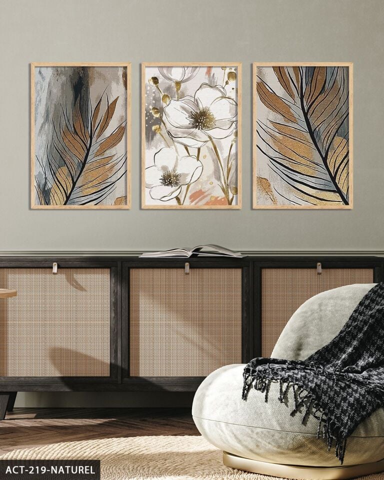 Gold Detaylı Yaprak ve Çiçek 3 Parça Ahşap Çerçeveli Tablo ACT Naturel - 20 x 30 CM