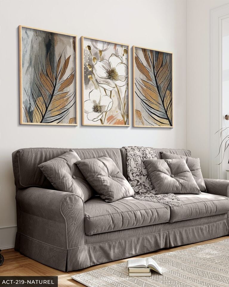 Gold Detaylı Yaprak ve Çiçek 3 Parça Ahşap Çerçeveli Tablo ACT Naturel - 20 x 30 CM