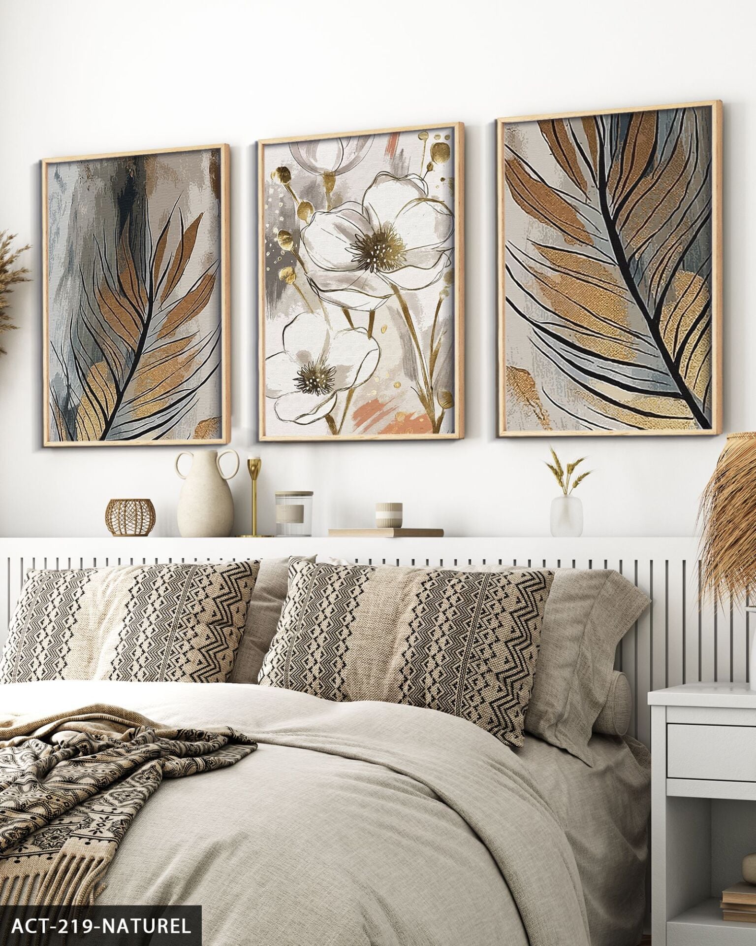 Gold Detaylı Yaprak ve Çiçek 3 Parça Ahşap Çerçeveli Tablo ACT Naturel - 20 x 30 CM