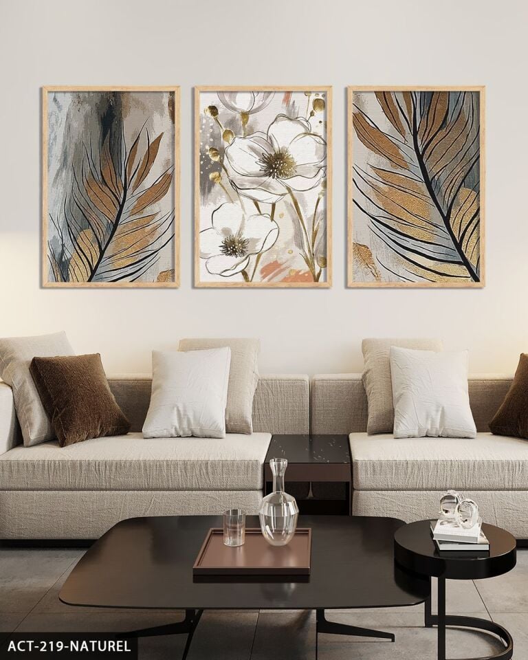 Gold Detaylı Yaprak ve Çiçek 3 Parça Ahşap Çerçeveli Tablo ACT Naturel - 20 x 30 CM
