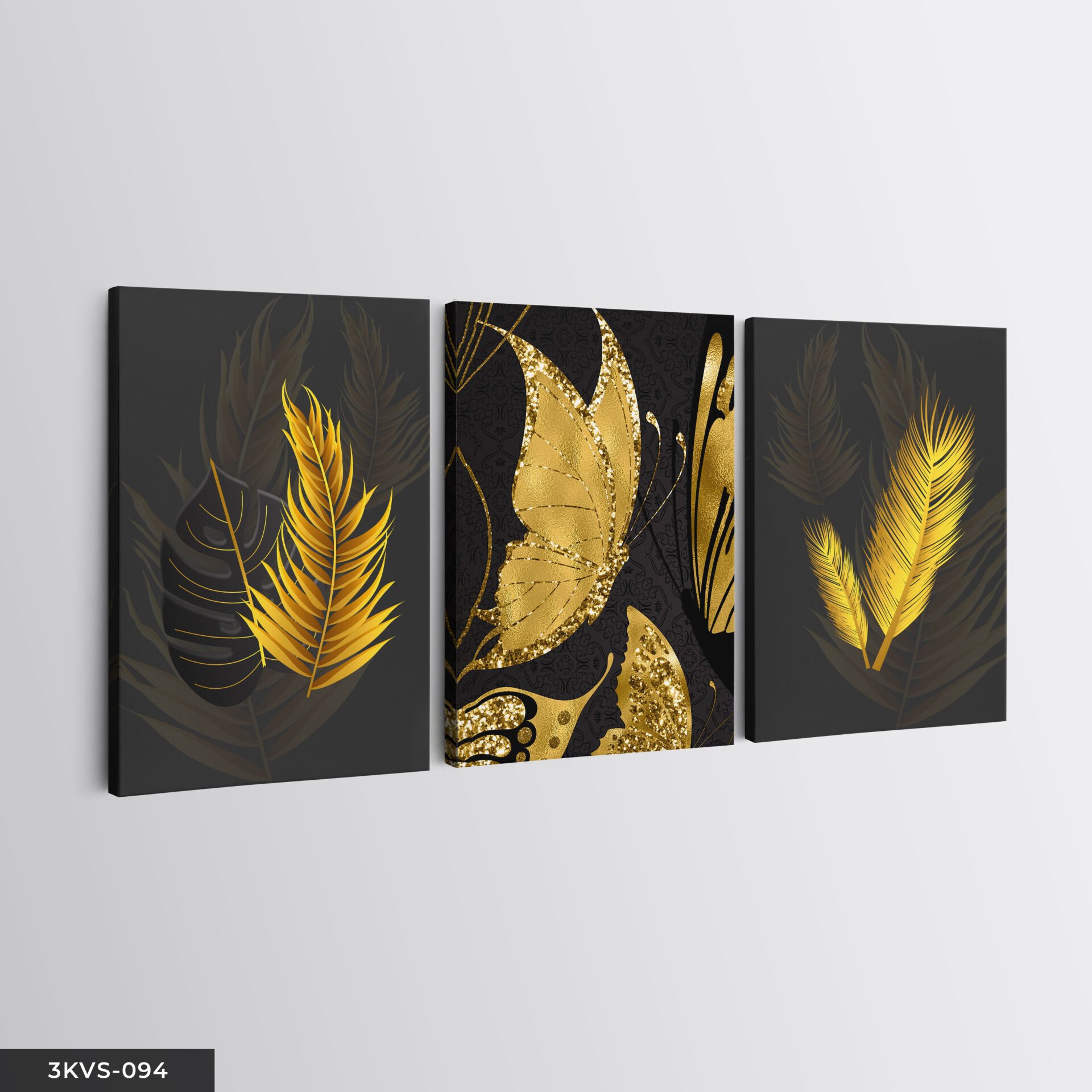 Gold Kelebek ve Yaprak 3 Parça Kanvas - Canvas Tablo 40 x 30 CM
